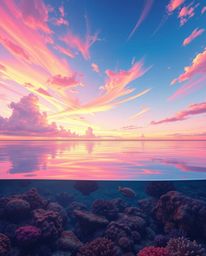 A digital illustration features a seamless gradient transition, depicting a colorful sky over a coral reef at low tide. The k