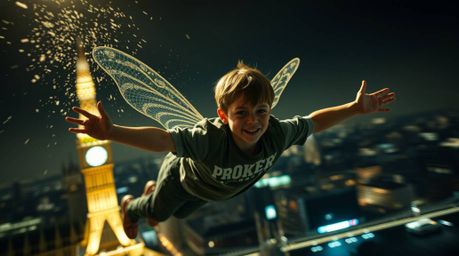 A captivating image depicting a young boy soaring above the London skyline, sprinkled with magical pixie dust. The scene is