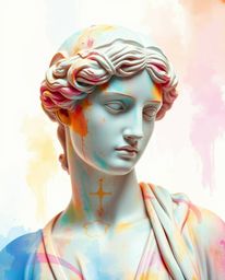 A captivating blend of classical sculpture and digital glitch art. This piece features a delicate watercolor painting style w