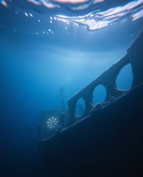 Dive into a serene underwater world with this captivating close-up of a shipwreck bathed in soft pastel hues.  The gentle lig