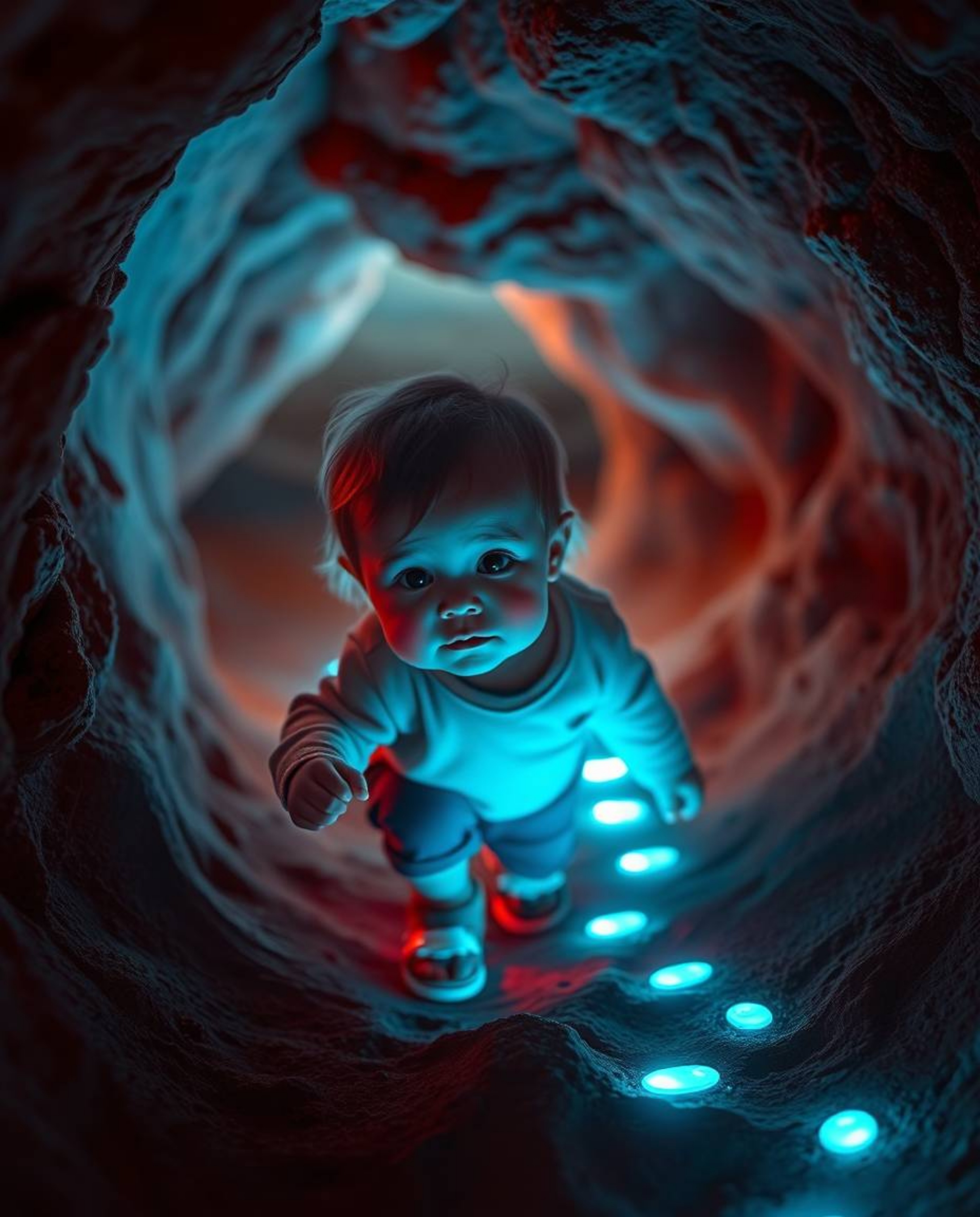 A captivating image of a child with rosy cheeks embarking on a magical journey, following a trail of glowing bioluminescent f