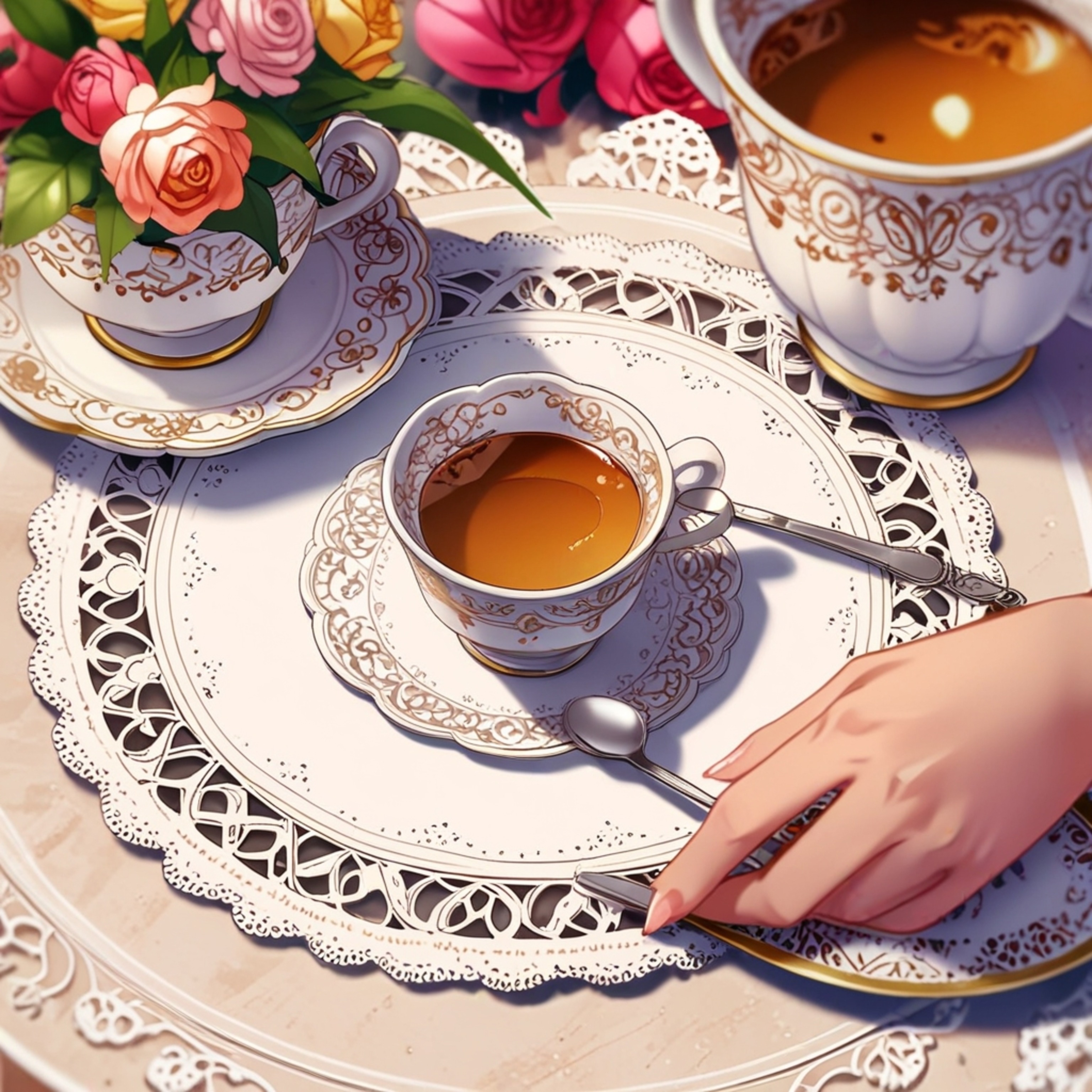 A delicately crafted lace doily serves as a charming centerpiece, elegantly showcasing an antique tea cup and its matching sa