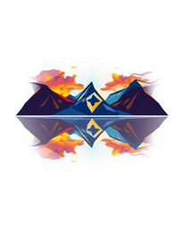 A geometric logo depicting reflections of fiery clouds in a mountain lake, using clean lines and balanced symmetry. The logo 