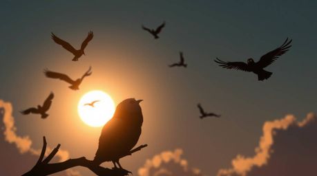 An Isekai anime-style silhouette of a Pixar-style blind owl, filled with inner vision, teaches birds to fly, gazing intensely