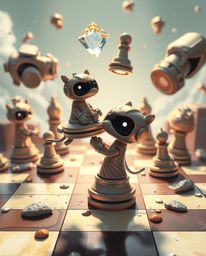 A captivating digital painting showcases an adorable chessboard frozen mid-destruction.  Pieces float in mid-air, creating a 