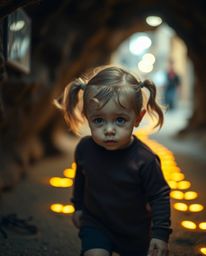 A captivating candid street photography moment captures a child with pigtails and freckles, sharply focused, as they follow a