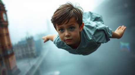 A young boy with fair skin and brown hair soars above a foggy London, leaving a trail of pixie dust. The thick fog creates a 