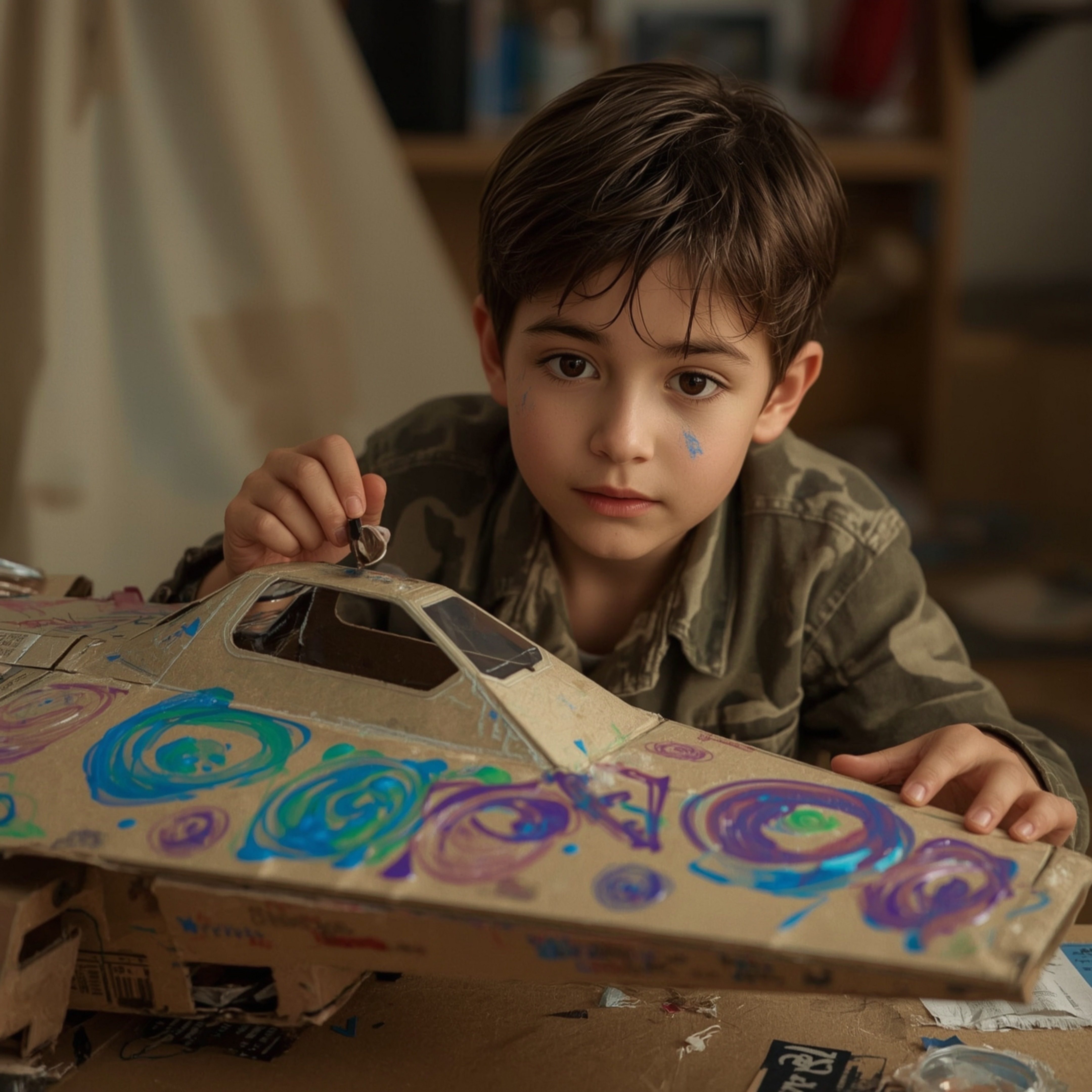 Exquisite high fashion photography captures a young boy with bright, curious eyes immersed in building a detailed cardboard s