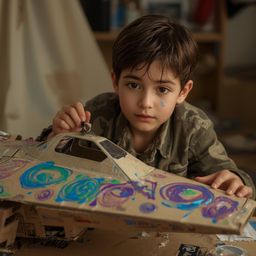 Exquisite high fashion photography captures a young boy with bright, curious eyes immersed in building a detailed cardboard s