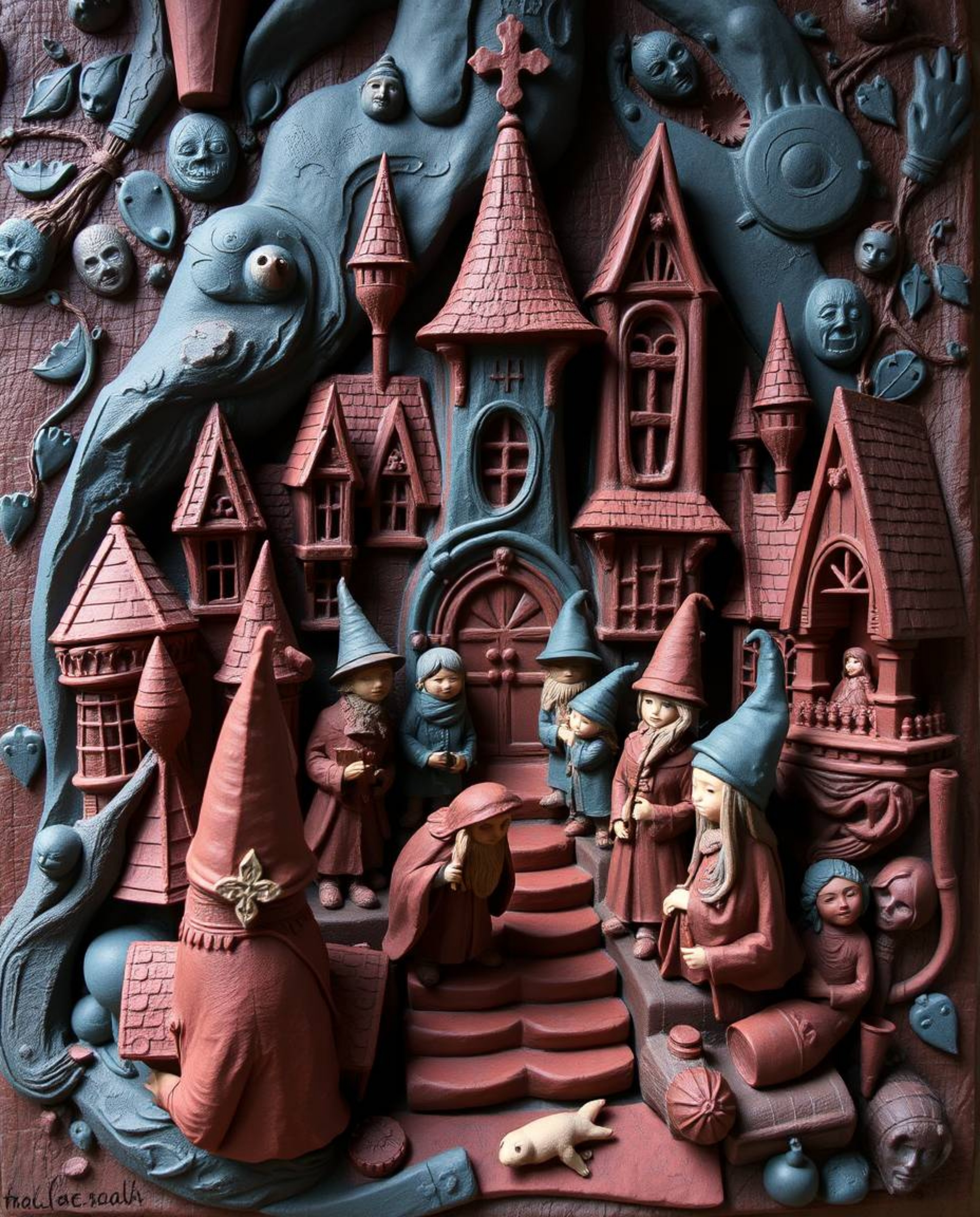 Discover enchanting clay sculptures depicting a magical school brimming with young wizards.  Rich burgundy and deep blue hues