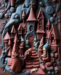 Discover enchanting clay sculptures depicting a magical school brimming with young wizards.  Rich burgundy and deep blue hues