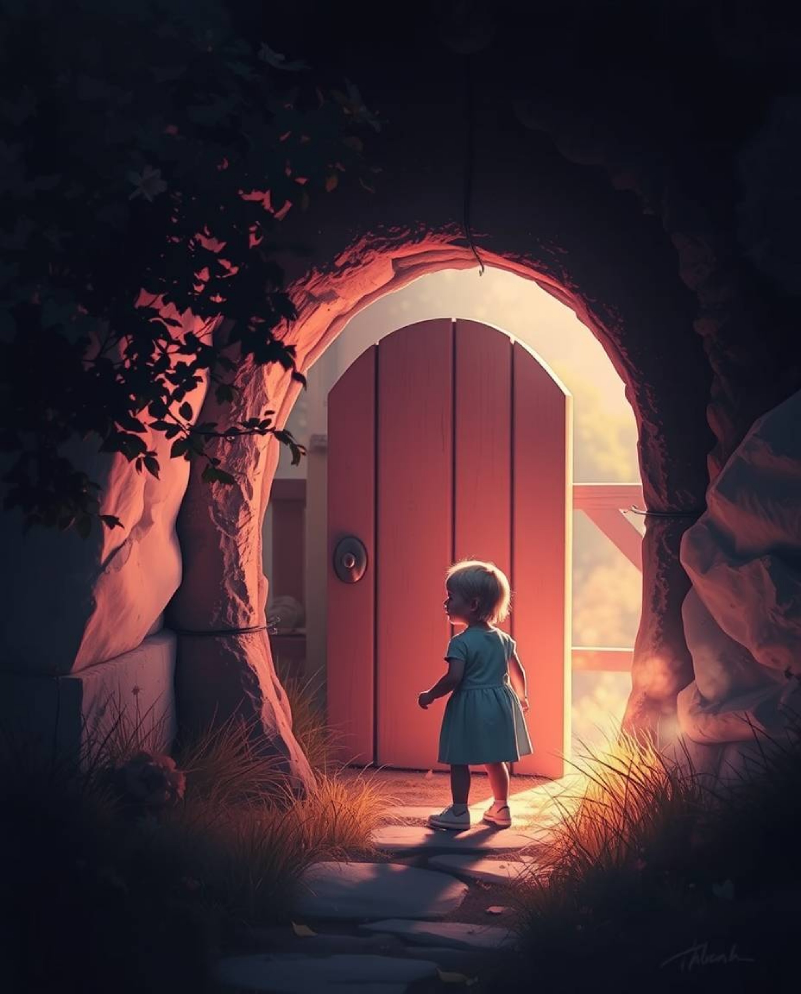 A captivating image depicting a child's whimsical discovery of a magical portal hidden in their backyard. Soft pastel colors 