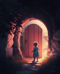 A captivating image depicting a child's whimsical discovery of a magical portal hidden in their backyard. Soft pastel colors