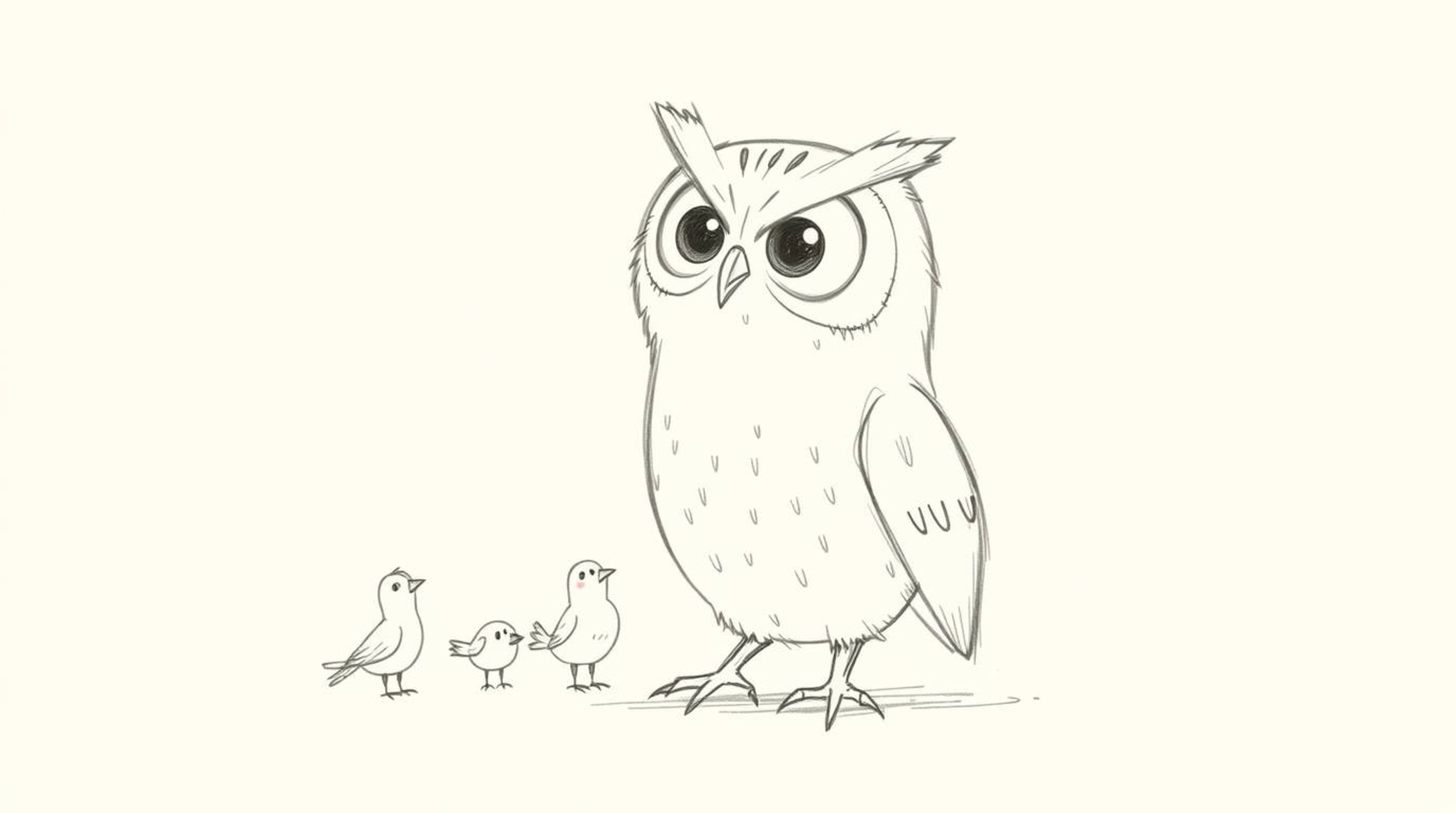 A heartwarming Pixar-esque sketch depicts a blind owl, rendered with soft pencil strokes, guiding a flock of birds to fly usi