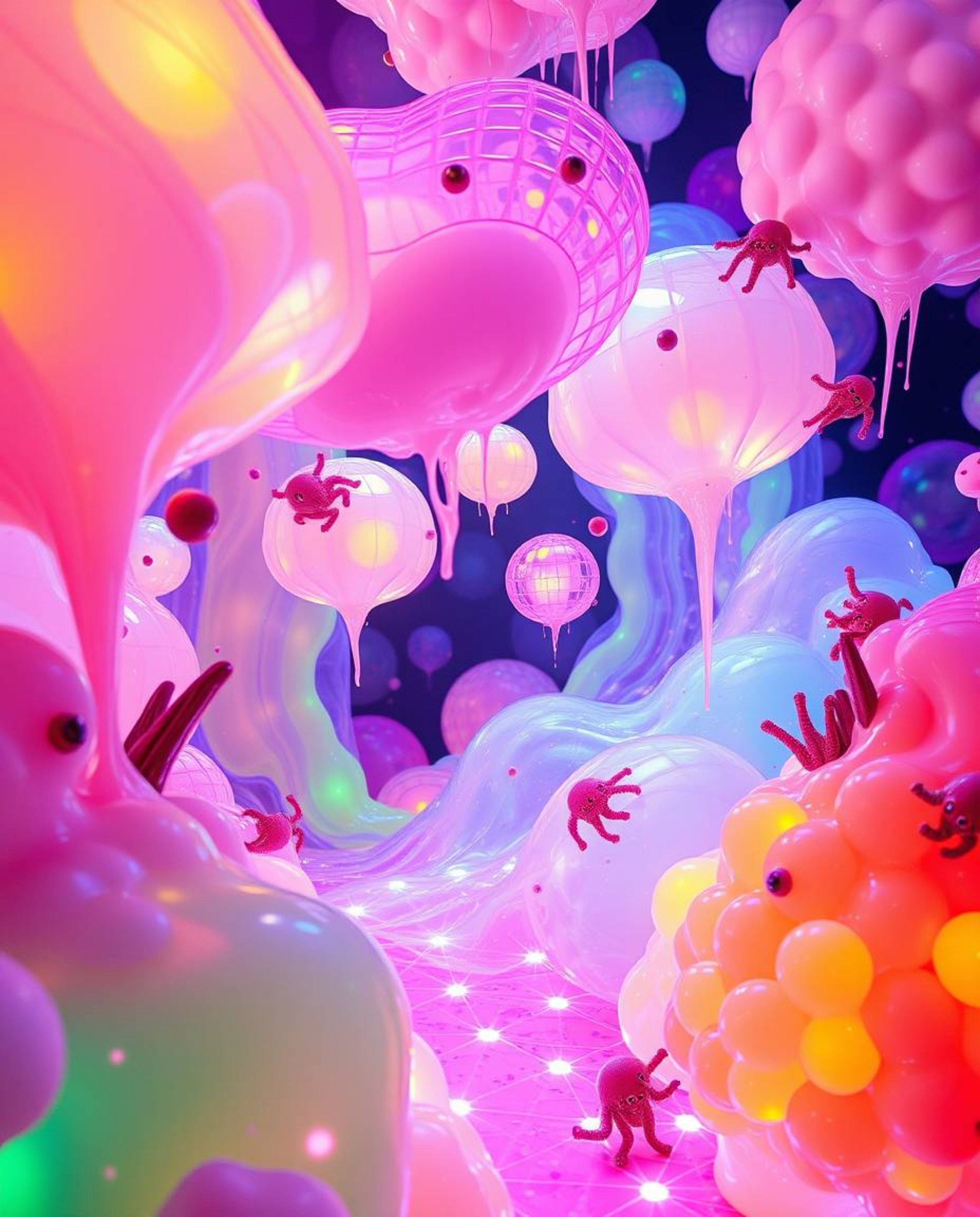 Explore a creative light art piece showcasing dreamlike surreal imagery. Featuring floating 3D blobs of fluid jelly with vibr