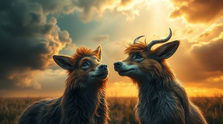 A captivating image depicting two talking animals engaging in mischievous antics amidst intense, dramatic weather.  The scene