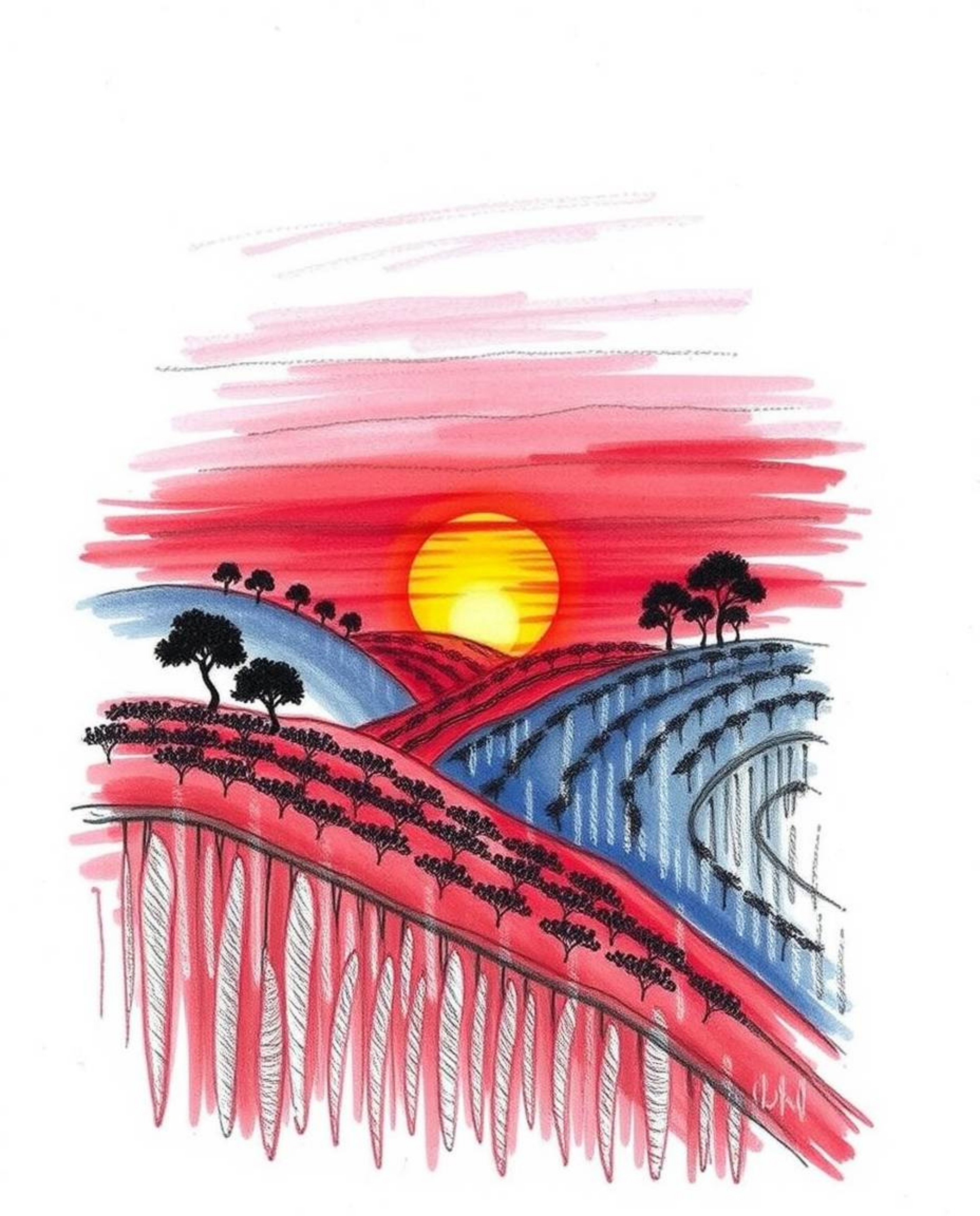 A sophisticated and elegant hand-drawn sketch depicting a sunset over terraced tea plantations. The artwork is rendered in ri