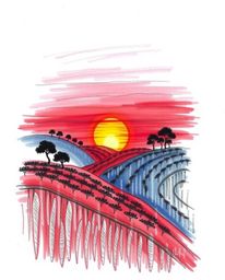 A sophisticated and elegant hand-drawn sketch depicting a sunset over terraced tea plantations. The artwork is rendered in ri