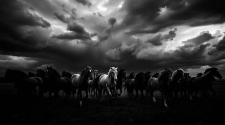 A high-contrast image depicting a herd of wild horses galloping powerfully beneath a dramatically stormy sky. The image empha