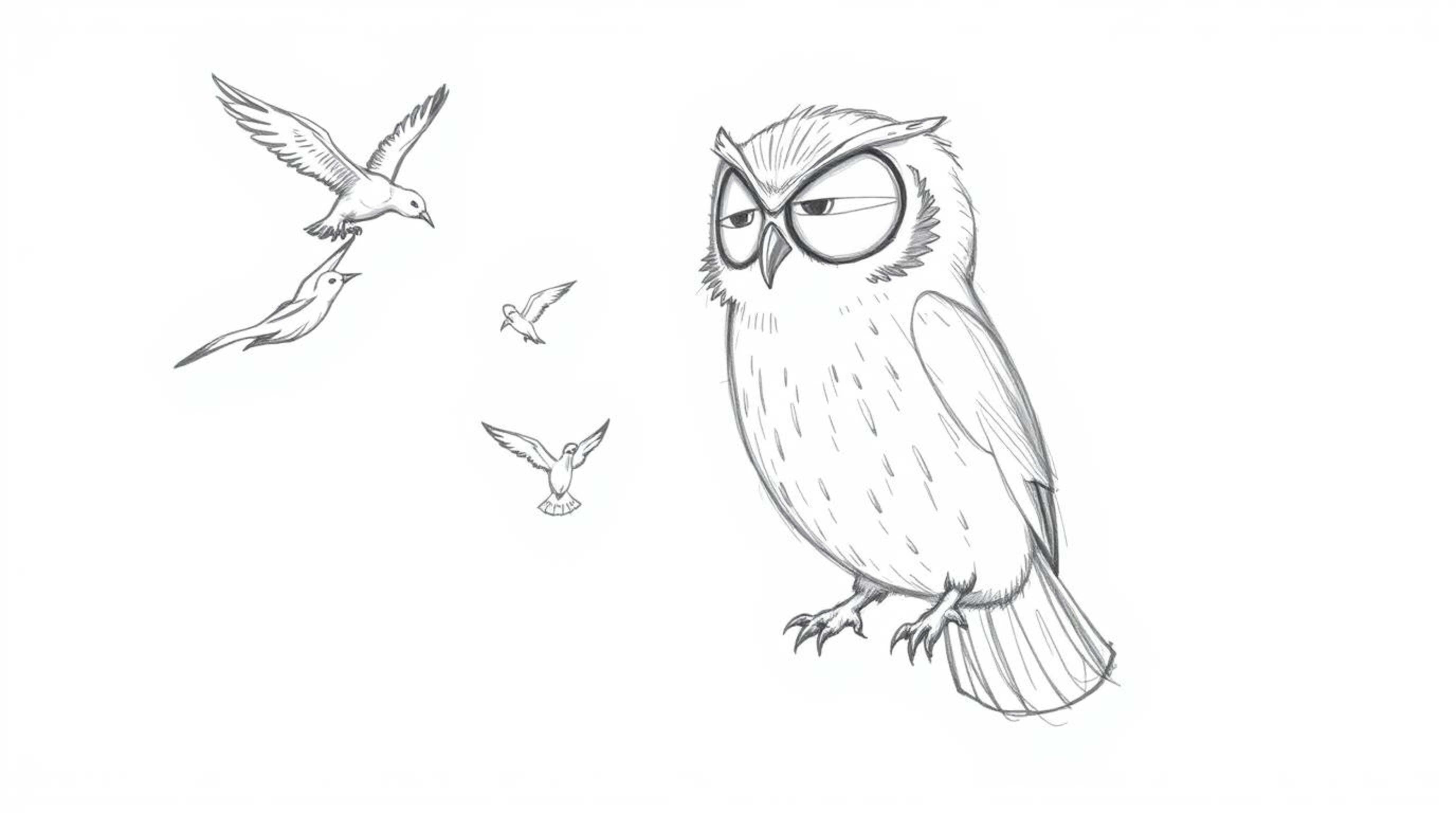 A Pixar-inspired, hand-drawn sketch depicts a blind owl, brought to life with textured pencil strokes and rough lines, patien