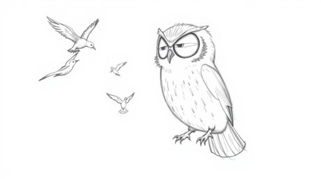 A Pixar-inspired, hand-drawn sketch depicts a blind owl, brought to life with textured pencil strokes and rough lines, patien