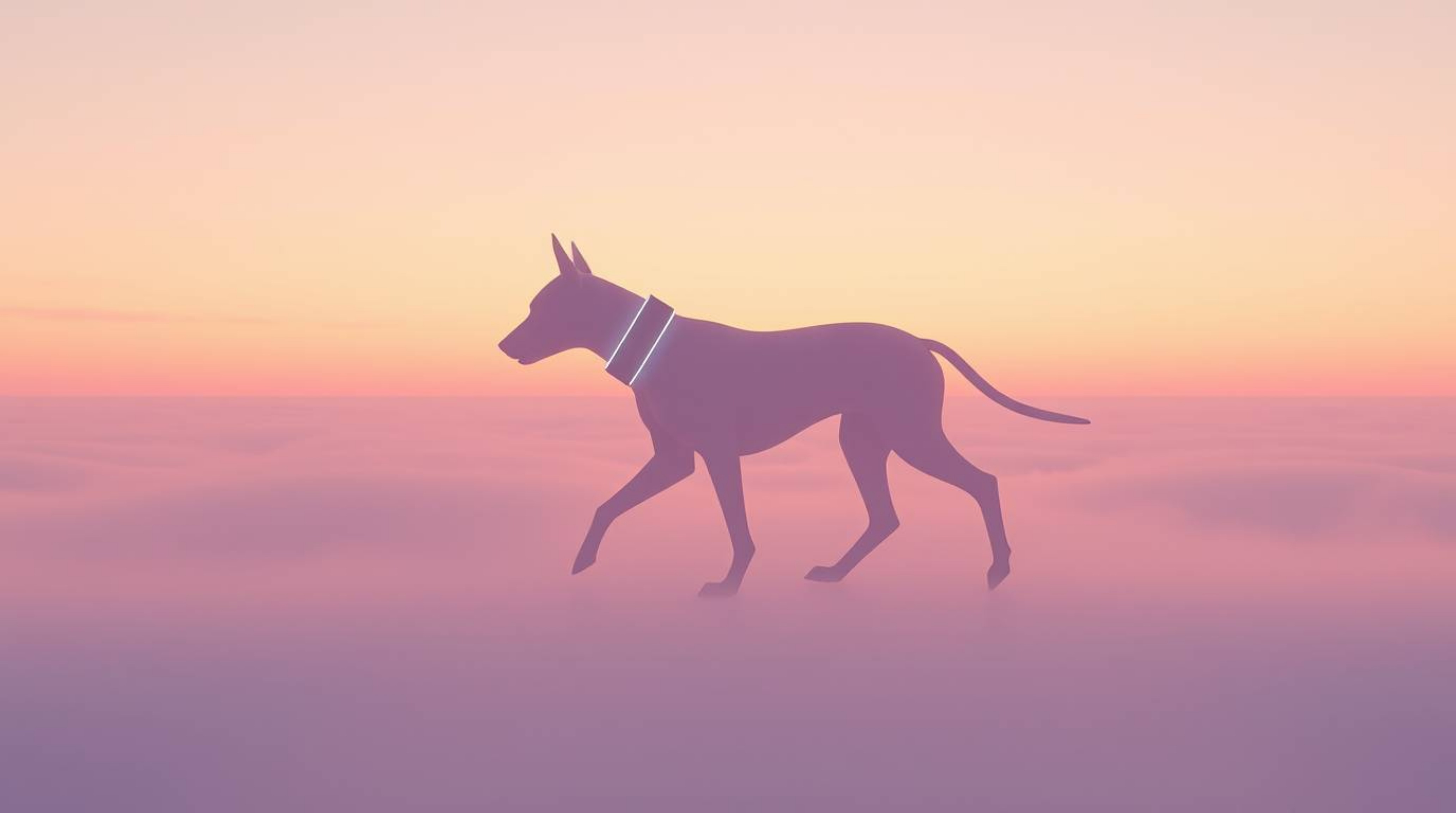 This image features a futuristic dog silhouetted against a soft pastel sky, seemingly walking itself in the vast expanse of s