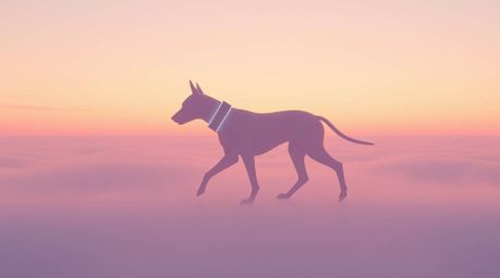 This image features a futuristic dog silhouetted against a soft pastel sky, seemingly walking itself in the vast expanse of s
