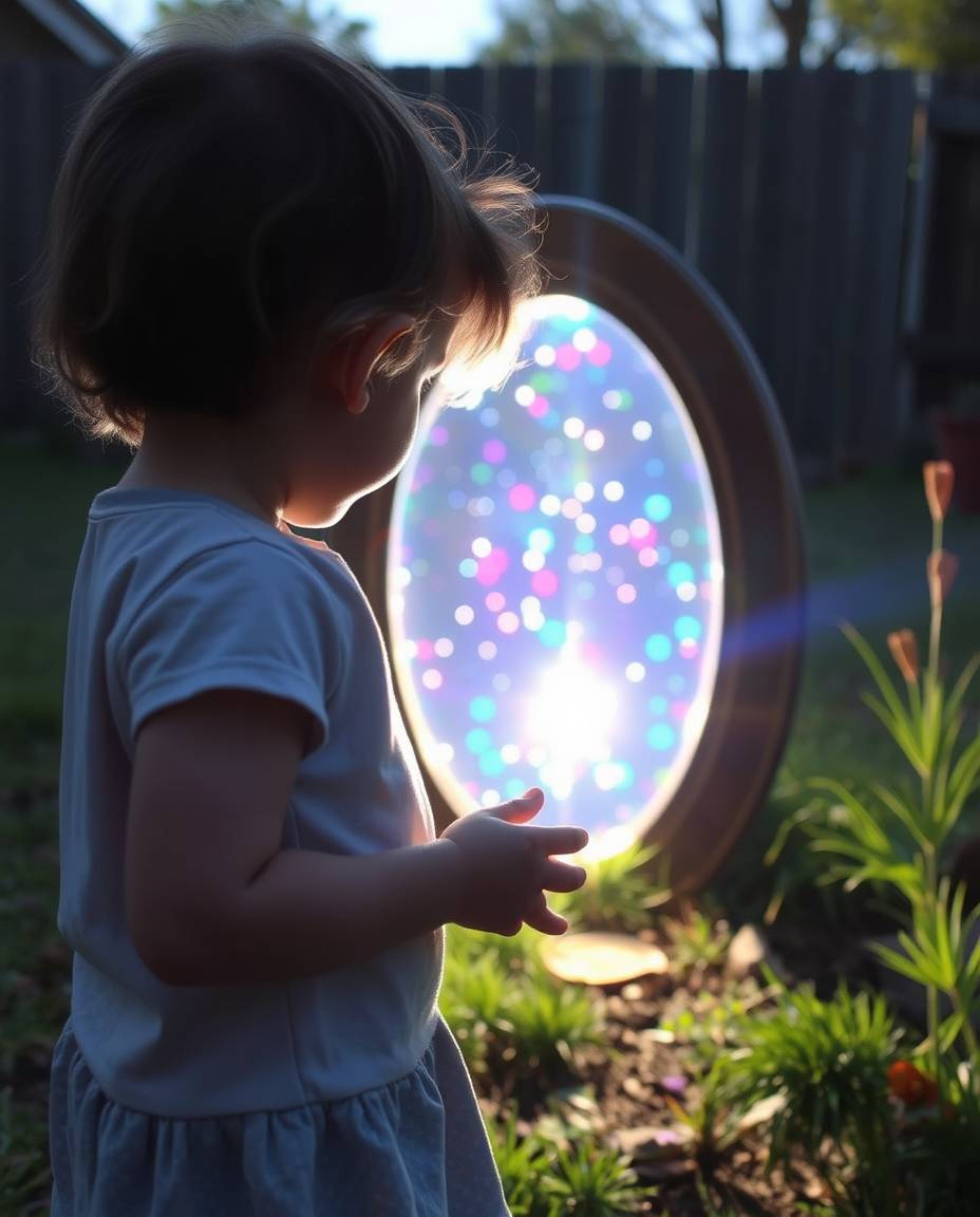 A curious child stumbles upon a shimmering, magical portal in their backyard, filled with iridescent colors and captivating l