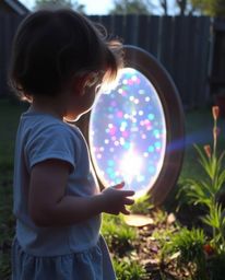 A curious child stumbles upon a shimmering, magical portal in their backyard, filled with iridescent colors and captivating l