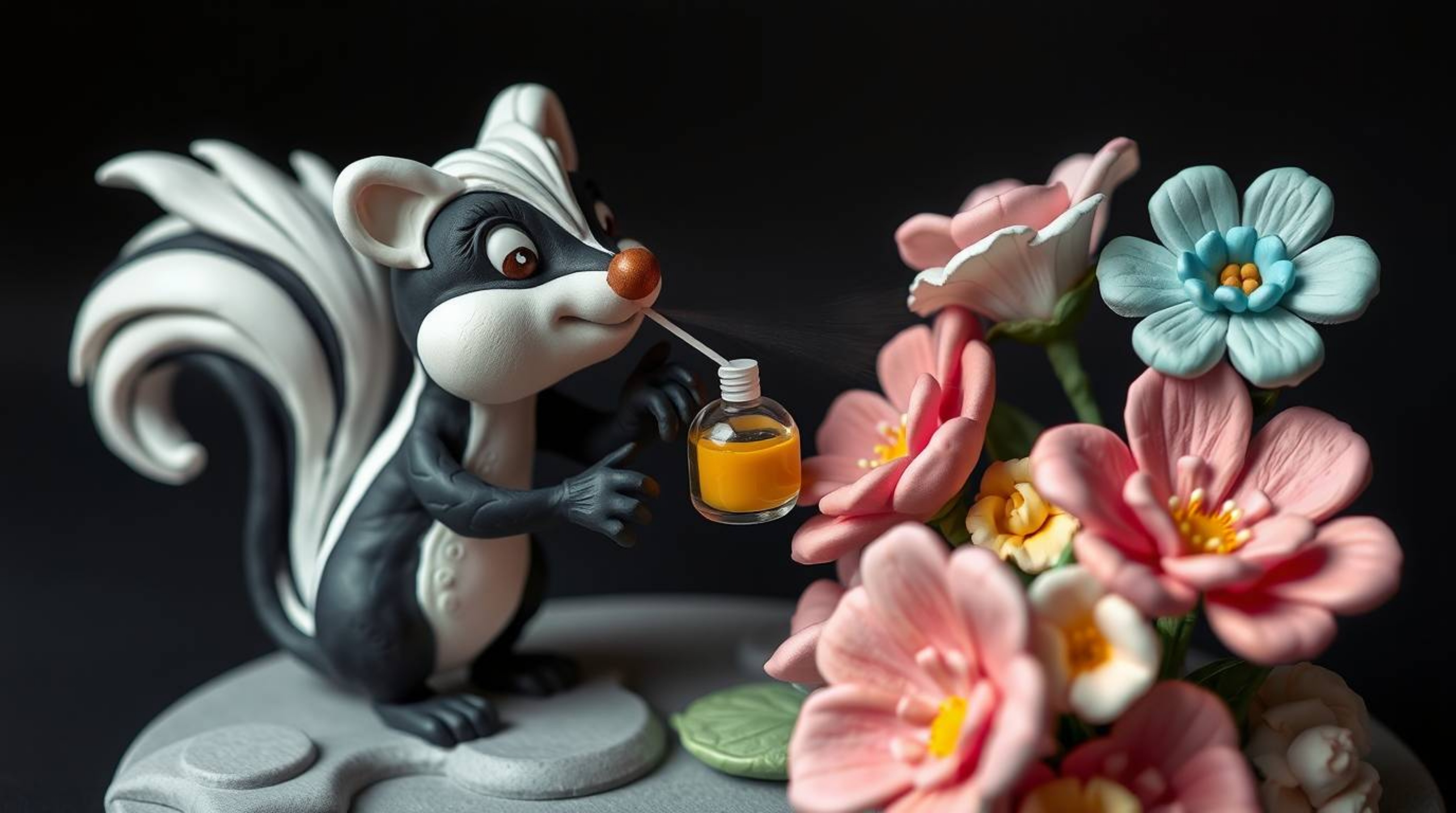 This high-angle sculptural clay art piece showcases a charming cartoon skunk playfully spraying perfume onto delicate flowers