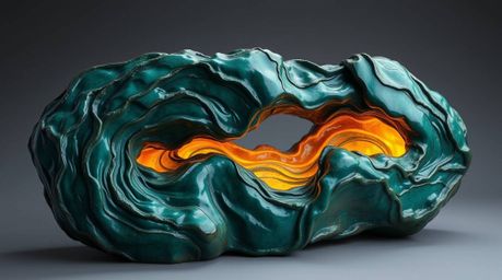 Discover a captivating bronze sculpture depicting a river delta bathed in the soft glow of twilight.  Its rich, deep teal col