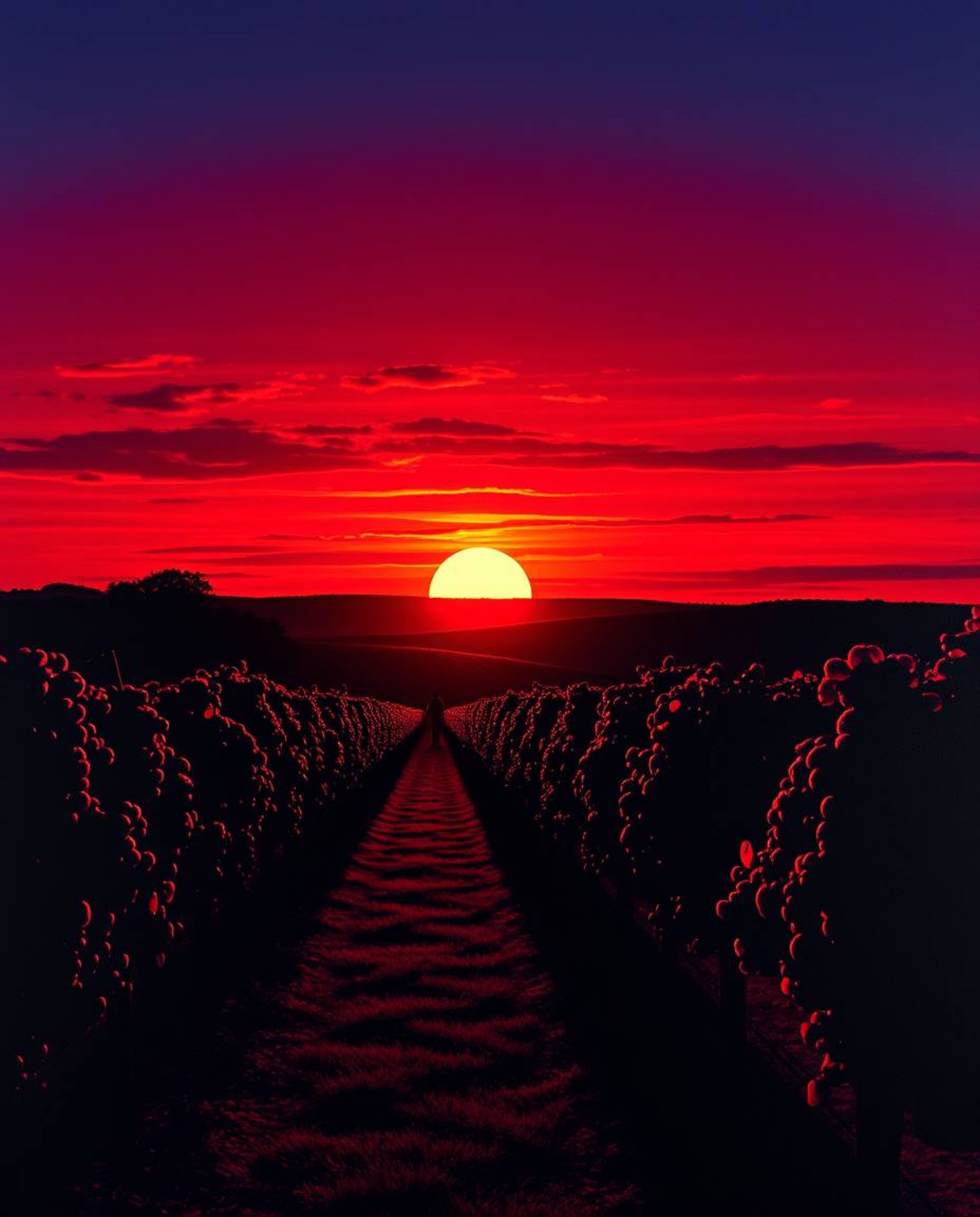 This is a sophisticated and elegant depiction of a sunset over a vineyard, rendered in a striking palette of rich burgundy an