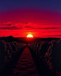 This is a sophisticated and elegant depiction of a sunset over a vineyard, rendered in a striking palette of rich burgundy an