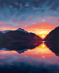 A sophisticated and elegant oil painting depicts a glassy fjord reflecting a sunset. The artwork is characterized by rich bur