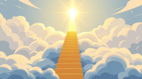 A captivating illustration depicts a golden staircase ascending through ethereal clouds towards a radiant heaven.  Sunlight p