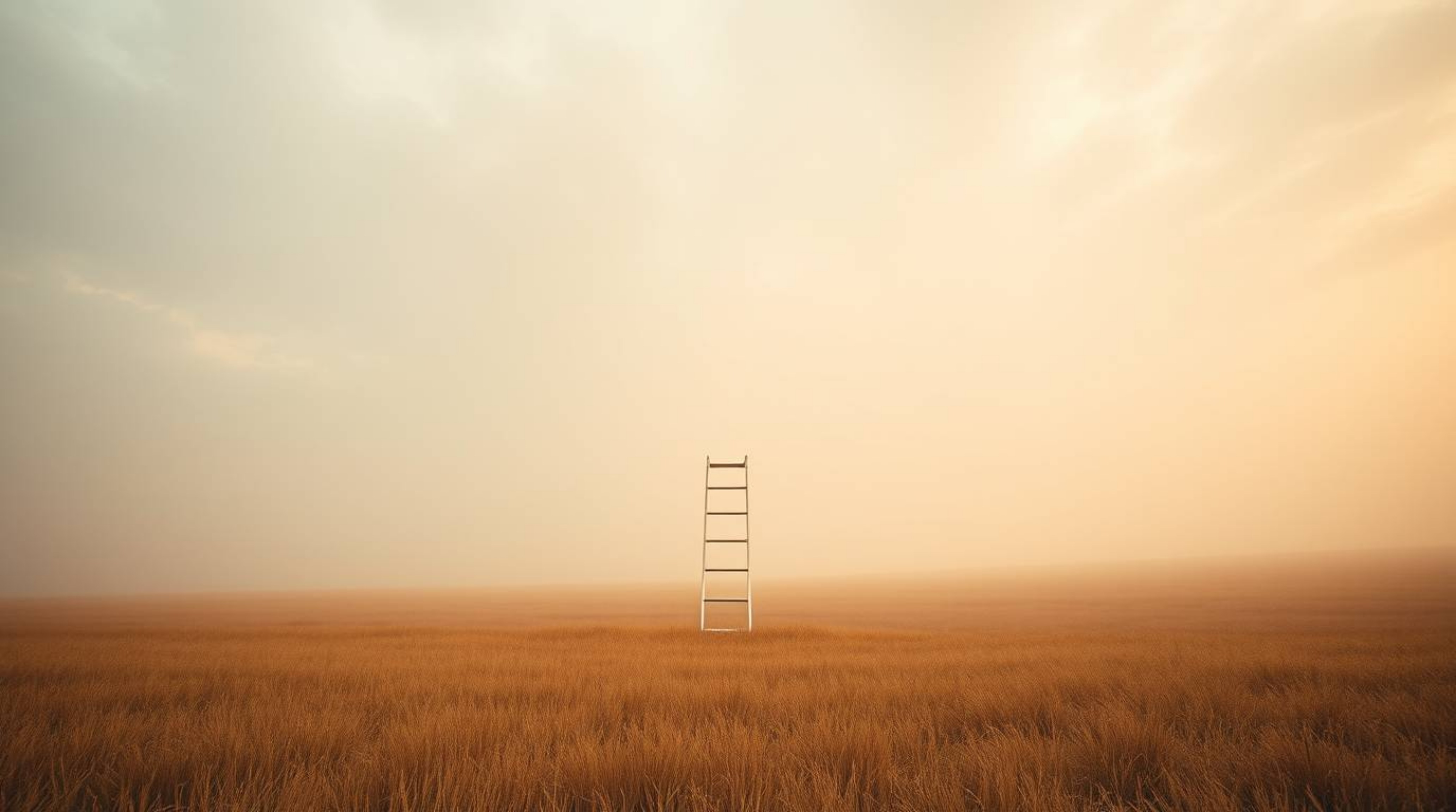 A minimalist scene featuring a silver ladder standing in a wide open field beneath a cloudy sky, bathed in soft cinematic haz