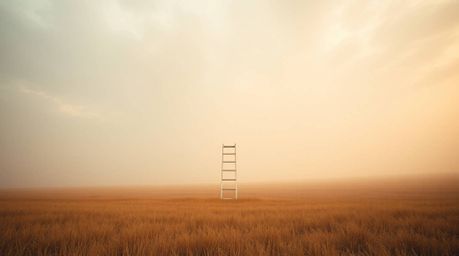 A minimalist scene featuring a silver ladder standing in a wide open field beneath a cloudy sky, bathed in soft cinematic haz