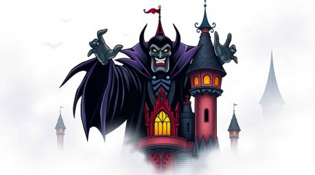 A visually striking image featuring a classic Disney villain with bold features and dark skin casting a spell within a vibran