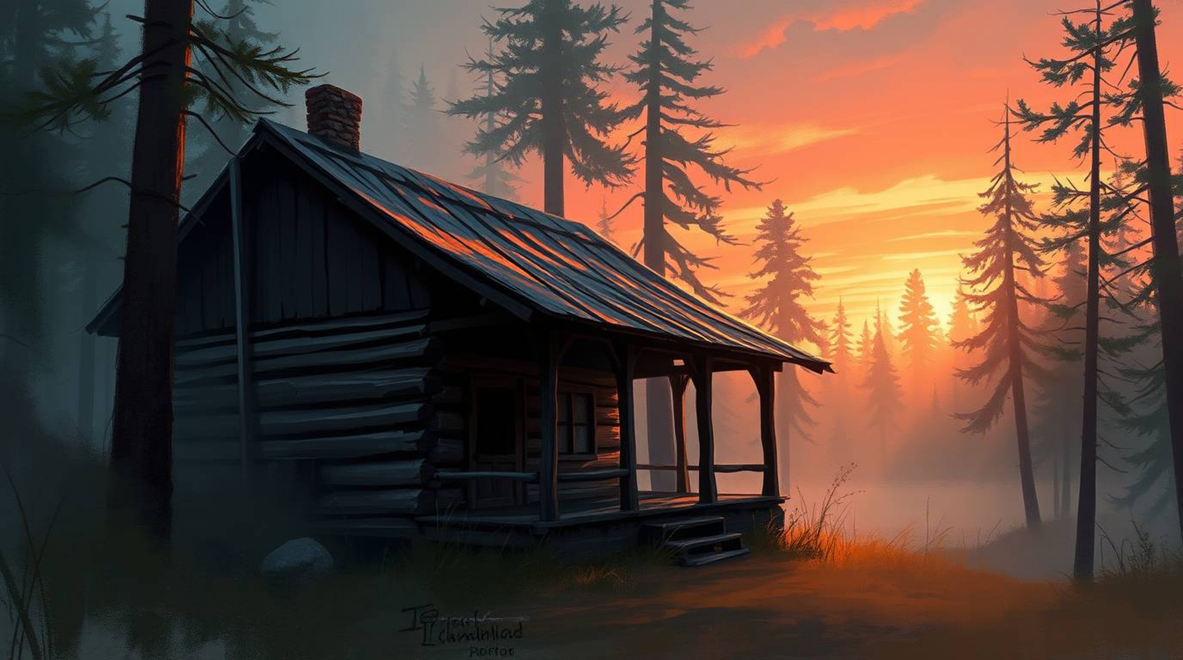 A captivating digital painting depicts an old wooden cabin nestled within a misty forest at sunset.  The artwork employs loos