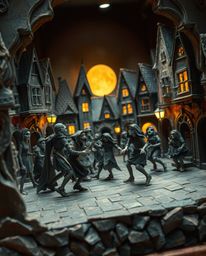 A captivating musical number unfolds in a vibrant town square, unexpectedly crafted from layered papier-mâché.  Despite the b