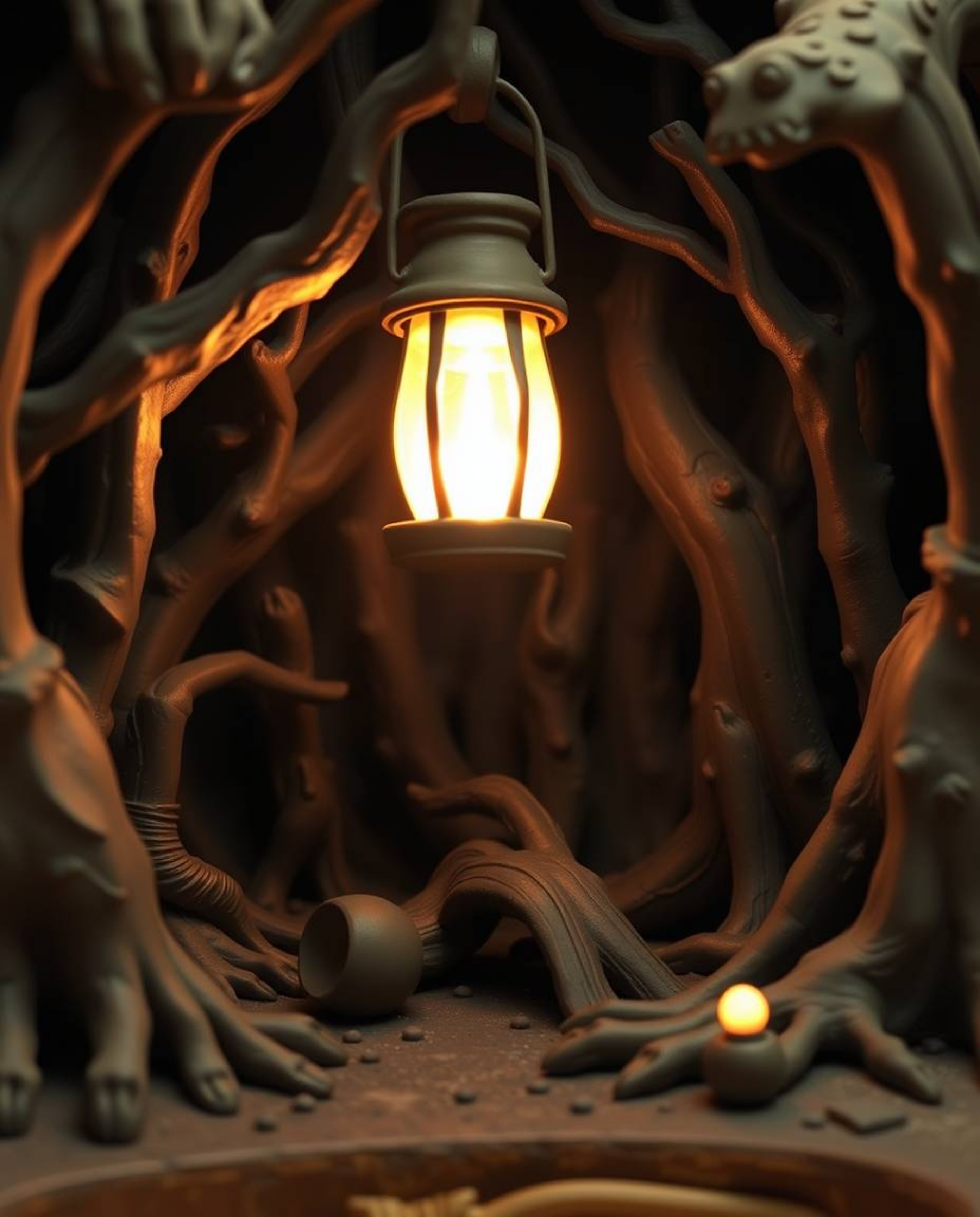 This sculptural clay art piece depicts a glowing lantern casting a warm candlelight glow in a dark forest, capturing a dynami