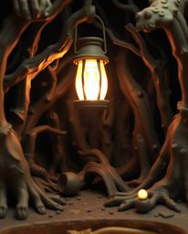 This sculptural clay art piece depicts a glowing lantern casting a warm candlelight glow in a dark forest, capturing a dynami