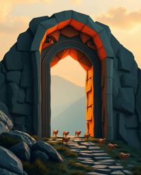 An ancient stone doorway, etched with glowing runes, is reimagined in a stunning origami style, nestled within a mountainside