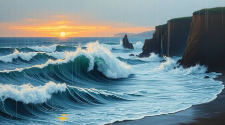 An elegant and graceful painting depicting waves crashing on cliffs at sunset, rendered with refined details and reflective s