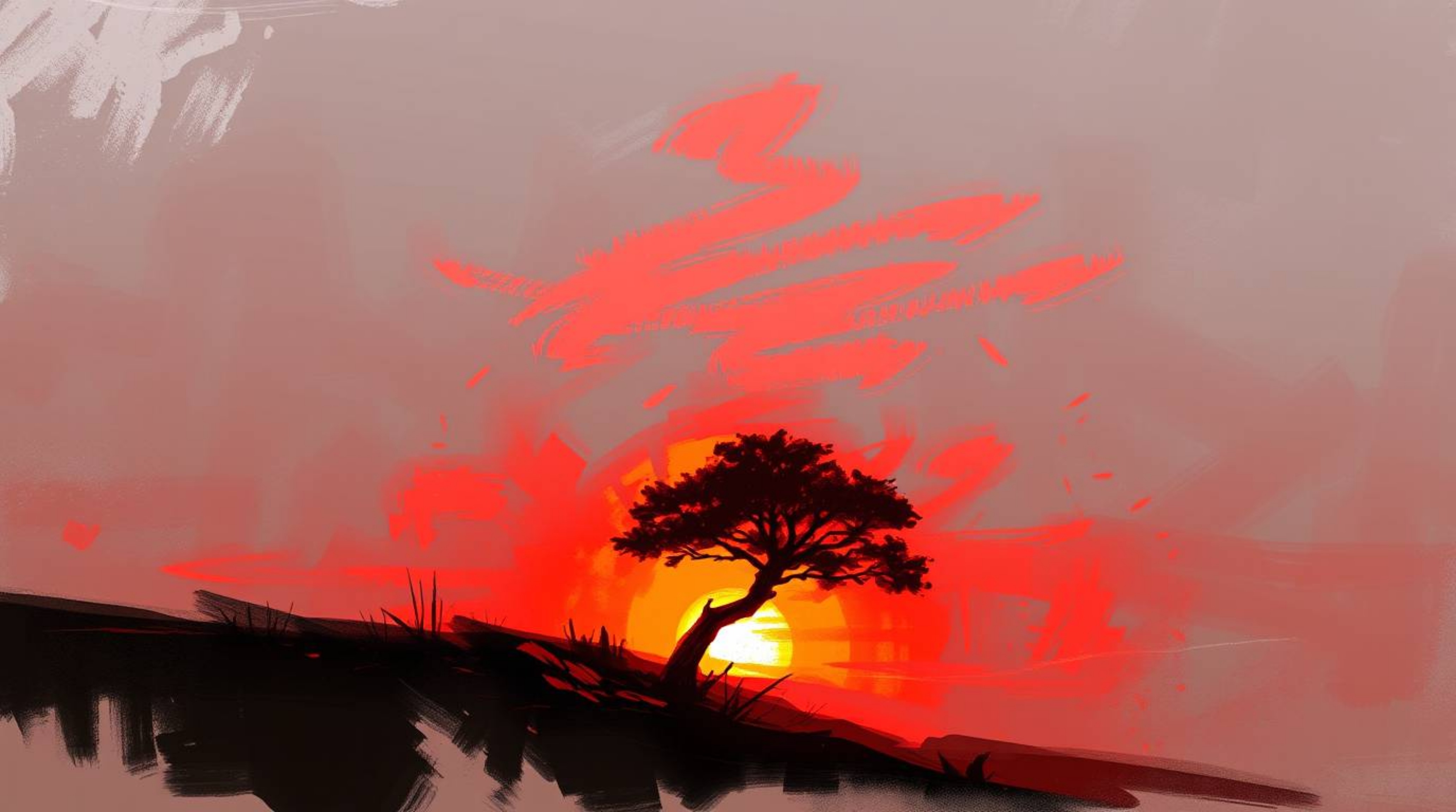 A captivating digital sketch depicts a lone tree silhouetted against a fiery sunset. Loose painterly strokes and vibrant com