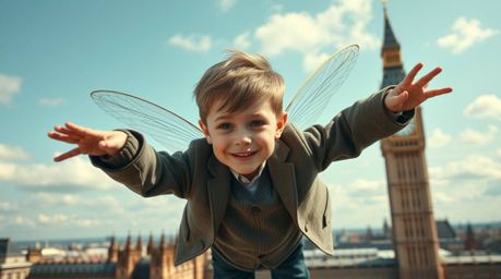 A captivating architectural photograph showcases a young boy with refined features soaring above London, powered by pixie dus