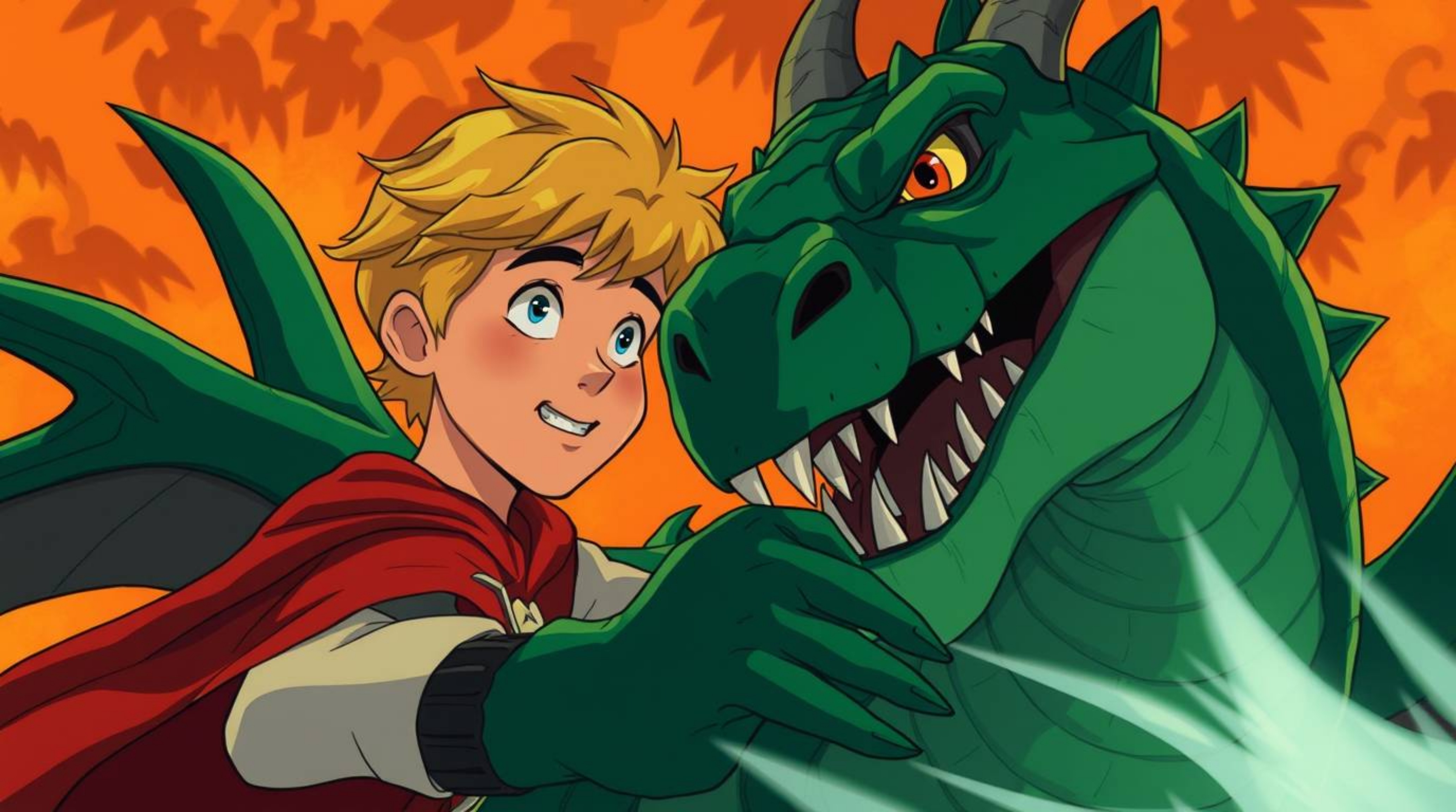 A charming prince with rosy cheeks and blonde hair battles a fierce dragon with emerald scales beneath a captivating terracot
