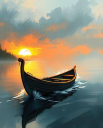 This is a dynamic digital sketch of a graceful and elegant boat with refined features, seen drifting on a lake at sunset. The