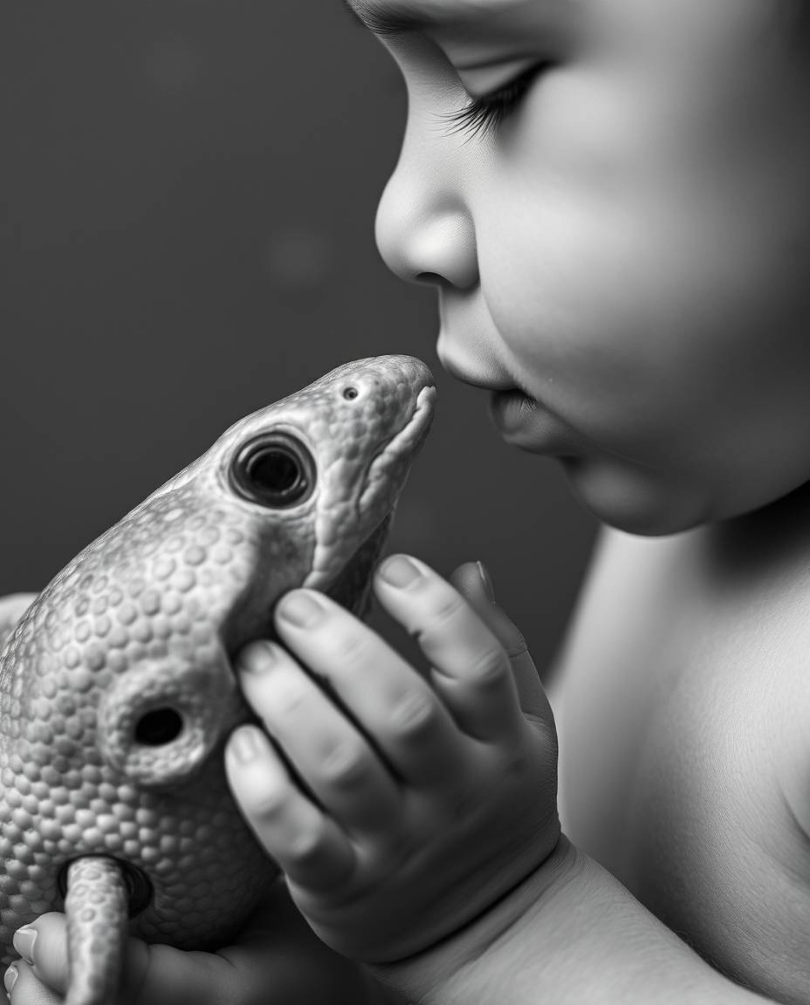 A timeless and elegant black and white close-up captures the magical moment where a sea creature gently touches a child. The 