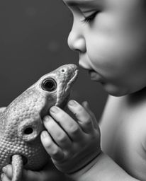 A timeless and elegant black and white close-up captures the magical moment where a sea creature gently touches a child. The